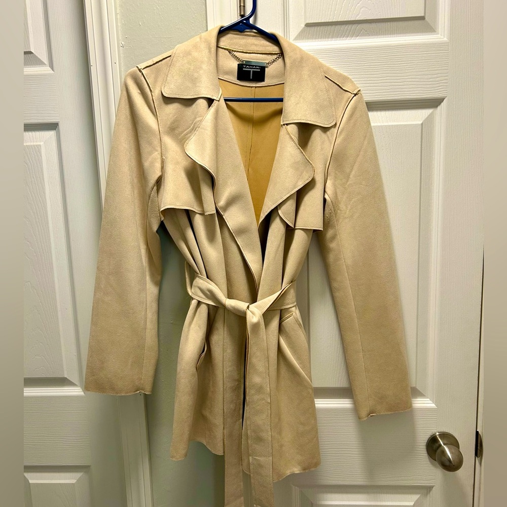 Tan Women’s Faux Leather Jacket with Pockets, Medium